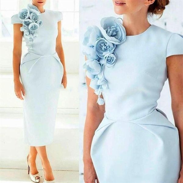 Abiti da sposa per la madre Abiti semplici vintage azzurro cielo Guaina con collo gioiello Maniche ad aletta Fiori fatti a mano Lunghezza tè Taglie forti Custom258C