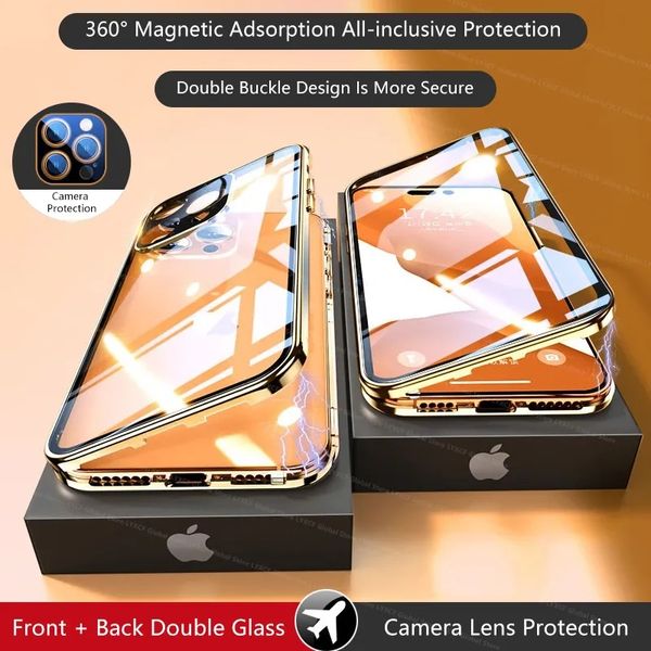 Proteção completa da lente da câmera de vidro dupla face magnética transparente para iPhone 15 14 13 12 11 mini Pro Max capa de moldura de metal à prova de choque