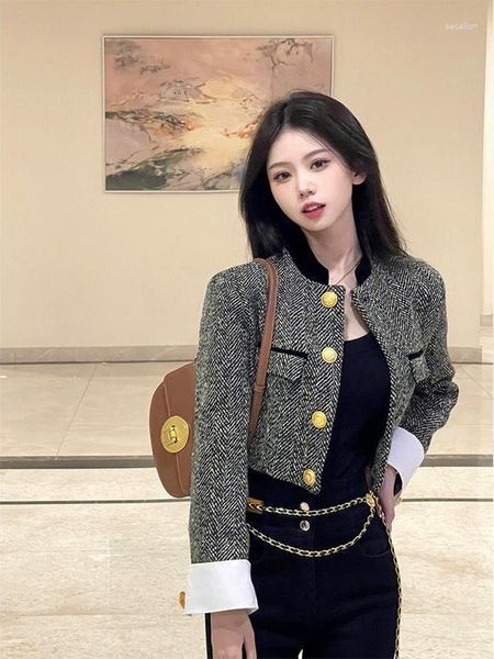 Damenjacken Elegante Frauen Black Weave Tweed Jacke Mantel Büro Damenmode Stehkragen Langarm Goldknopf Casual Outwear Q70