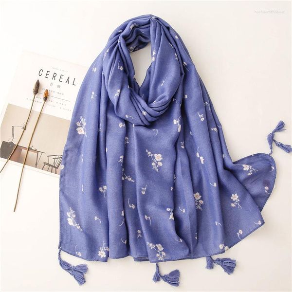 Schals Japanische und koreanische Mode Baumwolle Leinen Schal Damen Frühling Herbst Oberbekleidung Kleine blaue Blumen Lange warme Talma dünn