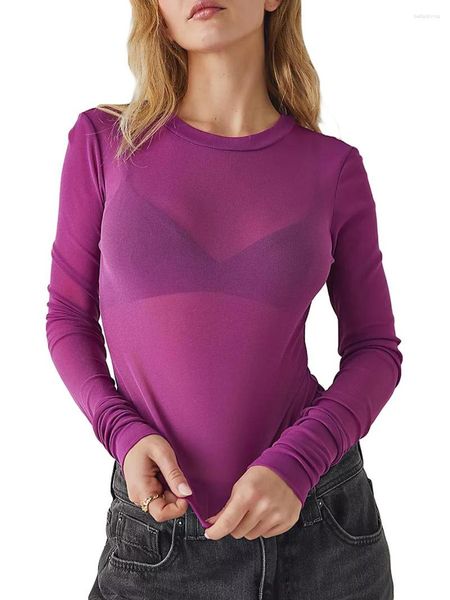 T-shirt da donna Top corto a maniche lunghe in maglia trasparente sexy da donna Tinta unita Slim Fit Tee Camicetta Maglione Clubwear di base