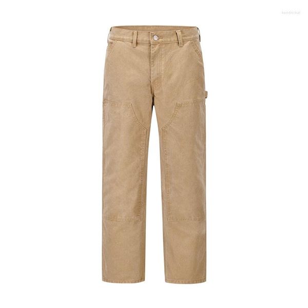 Calça Jeans Masculina 2023SSVujadem Mesma Qualidade Vintage Lavagem Solta Reta Calça Cargo Casual Bolso Grande Joelho Duplo Macacão Logging