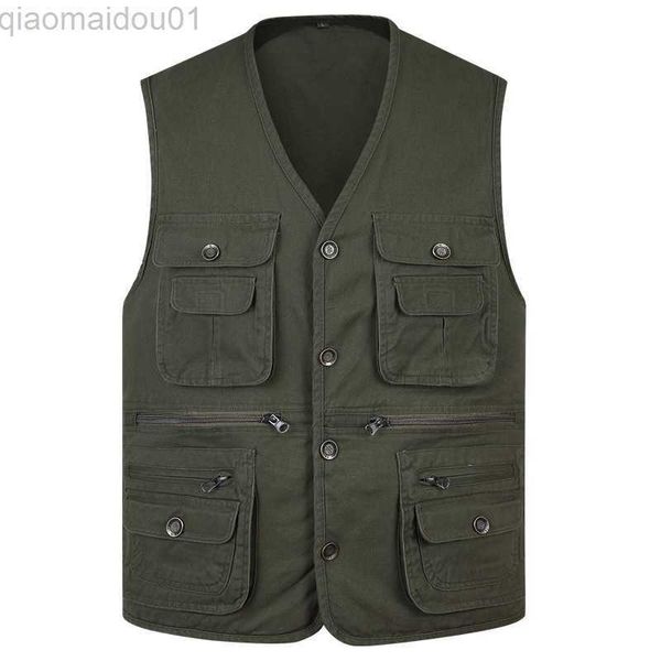 Giacche da uomo New Classic Summer Men Gilet Cotton Button Multi Pocket Giacca senza maniche Cappotto Tinta unita Gilet da pesca all'aperto Plus Size L230721