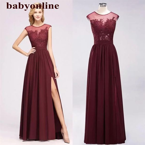 Günstige burgunderrote Brautjungfernkleider mit Spitzenapplikationen, Vintage-Chiffon, seitlich hoch geteilt, Hochzeitsgastkleid, formelles Party-Abschlussball-Abendkleid Dres256t