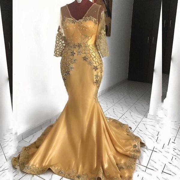 2020 Gold Sexy Meerjungfrau Afrikanische Mutter der Braut Kleid V-ausschnitt Spitze Perlen Abendkleider Formale Party Prom Gowns211e