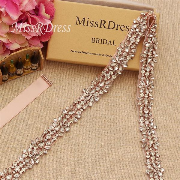 MissRDress Faixa de cinto de noiva fina em ouro rosa com fitas de cristal com strass e faixas para vestidos de casamento YS857263H
