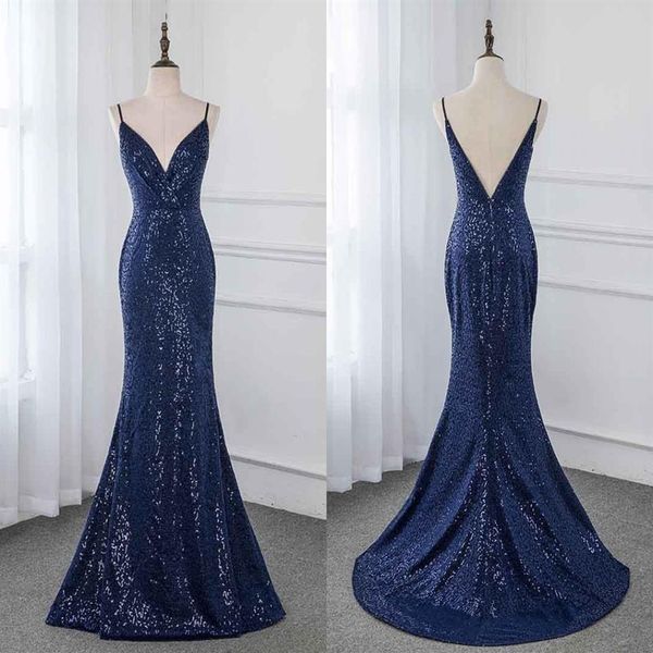 Sexy marineblaue Brautjungfernkleider mit tiefem V-Ausschnitt und Trägern, rückenfrei, funkelnde Pailletten, Meerjungfrau, günstiges Hochzeitsgast-Party-Abschlussball-formales Kleid C307l