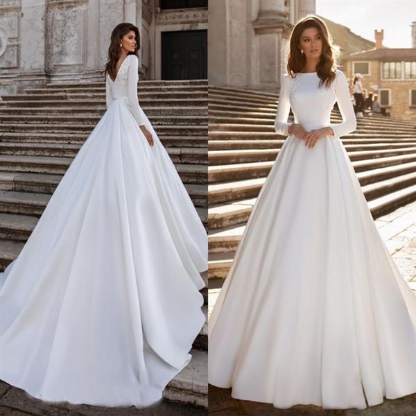 Novo vestido de noiva linha A marfim cetim elegante manga longa sem costas apliques de renda vestidos de noiva Abito Da Sposa 2023 vestidos de noiva293t