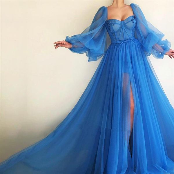 Neckholder-Kleid in A-Linie, langes Abendkleid, Booma, schlichtes blaues Ballkleid, Puffärmel, freiliegendes Boning, Illusionskleid, hoher Schlitz, Tüll, For217j