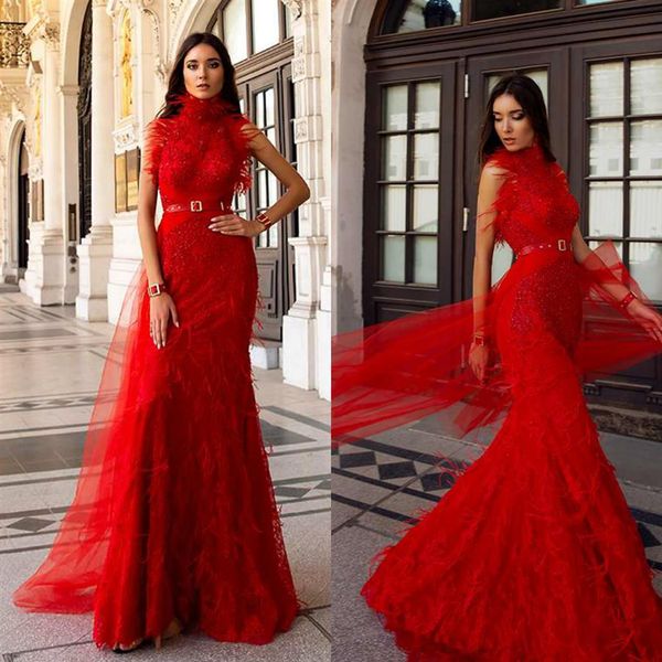 Oksana Mukha 2019 Vestidos de Noite Gola Alta Sem Mangas Renda Contas Pena Passarela A Linha Vestido de Baile com Trem Destacável Formal Pa240q