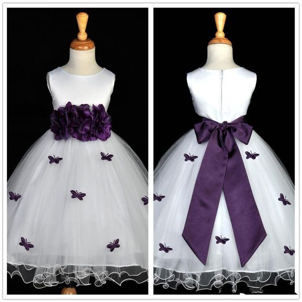 Vestido de menina de flor borboleta branco e roxo feito à mão cinto de laço de flor uma linha vestidos de desfile infantil vestido de primeira comunhão personalizado F01258y