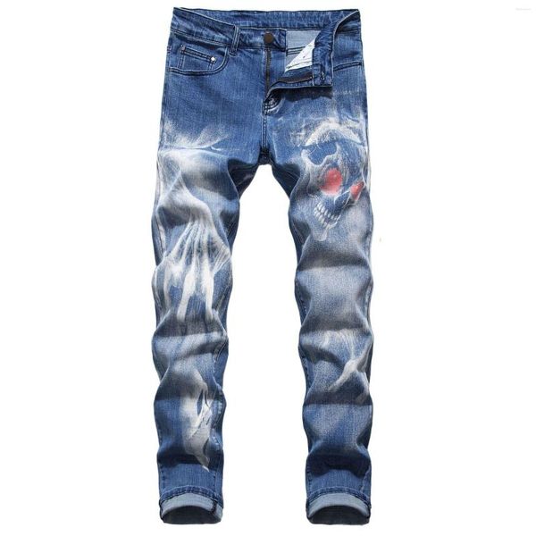 Männer Jeans Mode Hohe Qualität Retro Männer Gold Malerei Beschichtete Dünne Gerade Plissee Biker Hosen Männliche Denim Casual