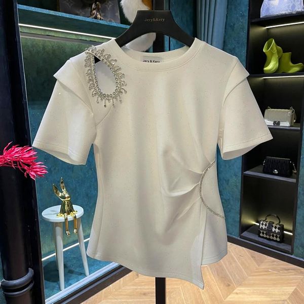 Camicette da donna T-shirt in cotone Estate Donna Diamanti di lusso T-shirt con perline Manica corta Rosa Irregolare Scava fuori Bella Blousa Top NS252