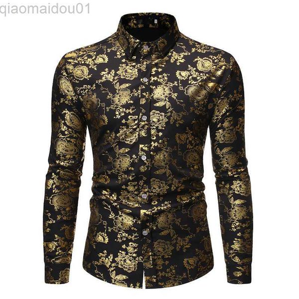 Camisas casuais masculinas luxuosas pretas douradas camisas estampadas florais masculinas 2023 outono novas camisas masculinas de manga comprida camisa social para festa boate baile de formatura camisa barroca masculina L230721