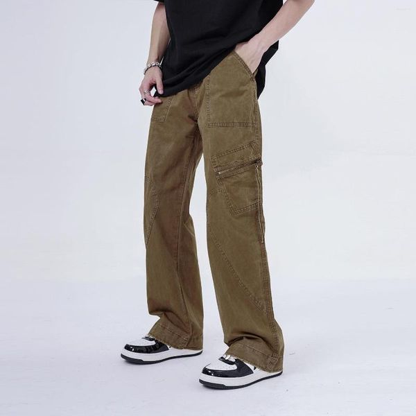 Jeans masculino Calças cargo lavadas para homens elegantes com zíper bolso lateral cor sólida funcional micro flare calças roupas masculinas de ajuste fino