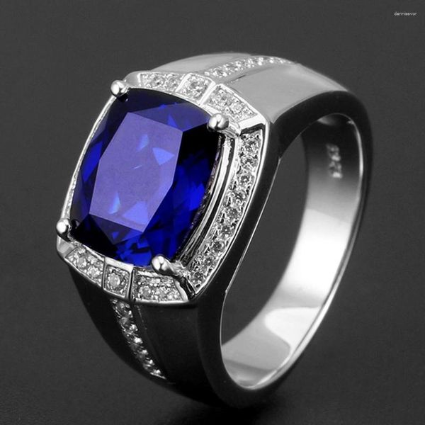 Küme halkaları mavi kare zirkon safir değerli taşlar elmas erkekler için erkeksi beyaz altın 925 gümüş renk mücevher bague moda aksesuar