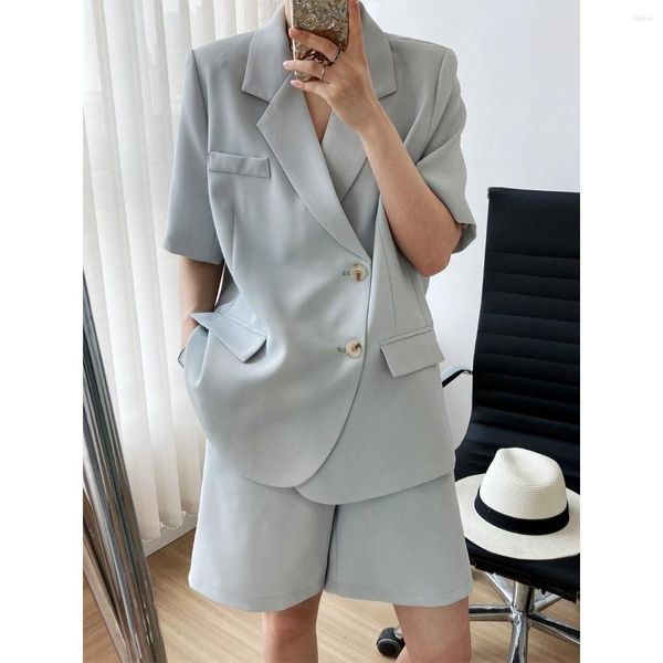 Conjunto de calças femininas de duas peças de alta qualidade 2023 verão design coreano manga curta solto blazer longo e shorts calças ternos para mulheres