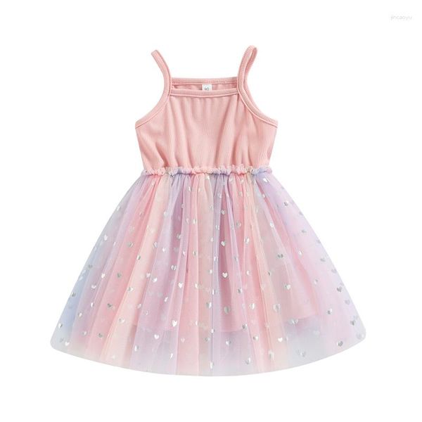 Mädchen Kleider Kinder Sommer Rosa Genähtes Herz Print Mesh Niedliches Hosenträgerkleid Geburtstagsgeschenke