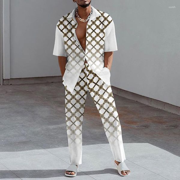 Tute da uomo Fasion Print Set da due pezzi Uomo Summer Sort Manica con risvolto Bottone Sirts e pantaloni stretti Tuta per abiti da uomo Casual Clotin