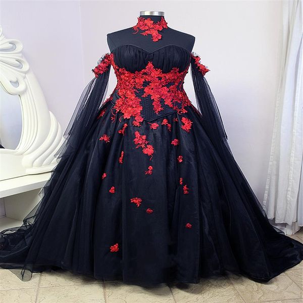 Gotik siyah ve kırmızı çiçek gelinlik kapalı omuz uzun kollu dantel aplikler balo elbiseler vintage Victoria gelin gelinlik181x