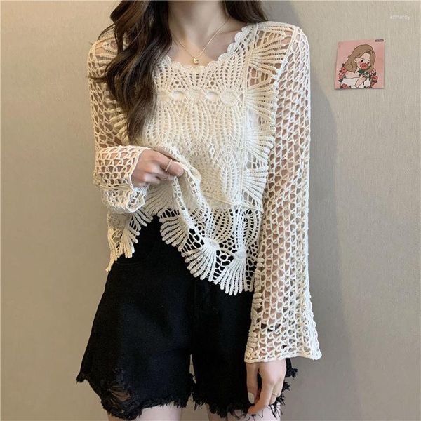 Frauen Pullover 2023 Sommer Aushöhlen Gestrickte Blusen Tops Weibliche Lose Dünne Sonnencreme Damen klimaanlage Shirts S32