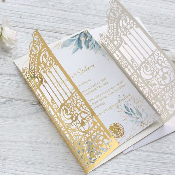 Grußkarten Metallic Gold Gate Laset Cut Hochzeitseinladungskarten 50 Sets Personalisierter Druck Hochzeits-Promi-Partyeinladungen 230720