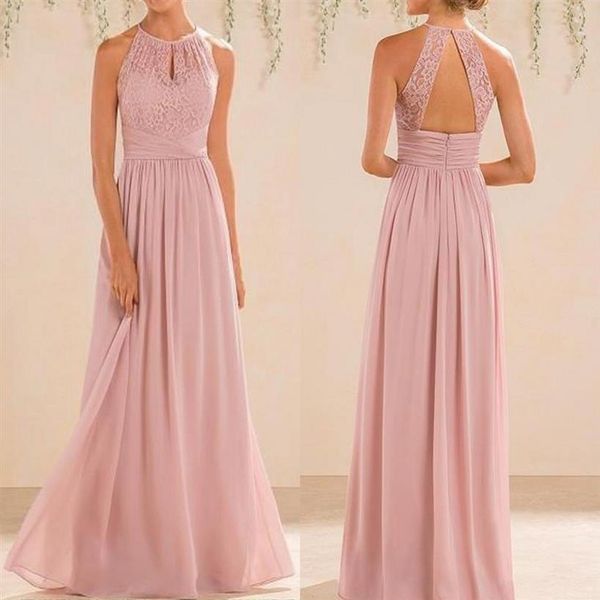 2022 Blush Pink Abiti da damigella d'onore Stile country lungo Scollo all'americana Pizzo Chiffon Figura intera A-line Abito da festa per ospiti di nozze formale2946