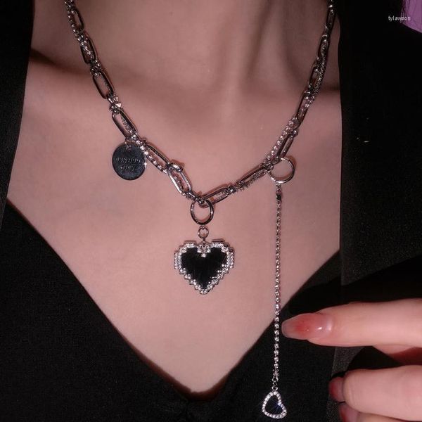 Colares com pingente preto forma de coração colar feminino estilo hip-hop suéter corrente acessórios jóias presentes para mulheres meninas