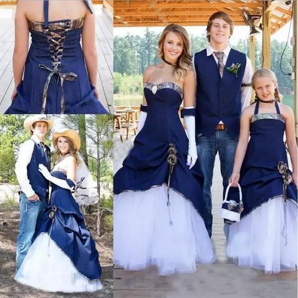 Abiti da sposa stile Camo West Cowboy senza spalline bianco e blu navy Abiti da sposa lunghi A Line per matrimoni all'aperto Custom Plus Size273B