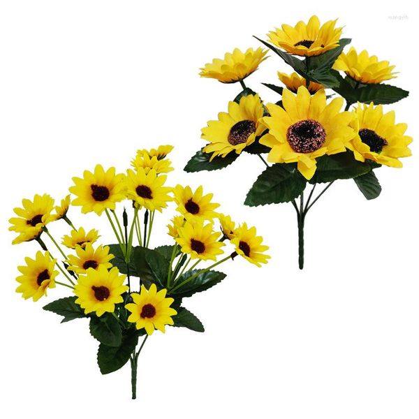 Flores decorativas 18 cabeças amarelo seda girassol artificial 7 ramo/buquê para casa escritório jardim festa casamento decoração el