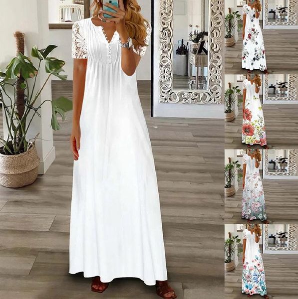 Freizeitkleider Damen Maxikleid Patchwork Knopf Boho Urlaub Strandmode Spitze Kurzarm V-Ausschnitt Blumendruck Solide