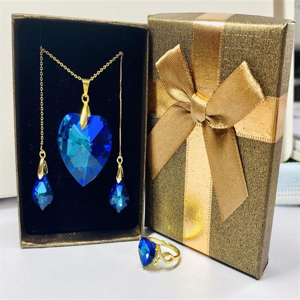 Regalo da donna accessori per damigella d'onore collana orecchini set abito da cena blu oceano cuore cristallo valentine'2448