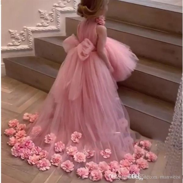 2020 Rosa Alto Baixo Vestidos de Flor Menina 3D Flores Grande Laço Meninas Vestido de Concurso vestido de daminha Vestido para Crianças Custom Made264z