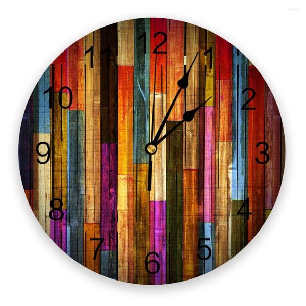 Wanduhren Bunte Holzbretter Retro Runde Uhr Acryl Hängen Stille Zeit Home Interior Schlafzimmer Wohnzimmer Büro Dekor