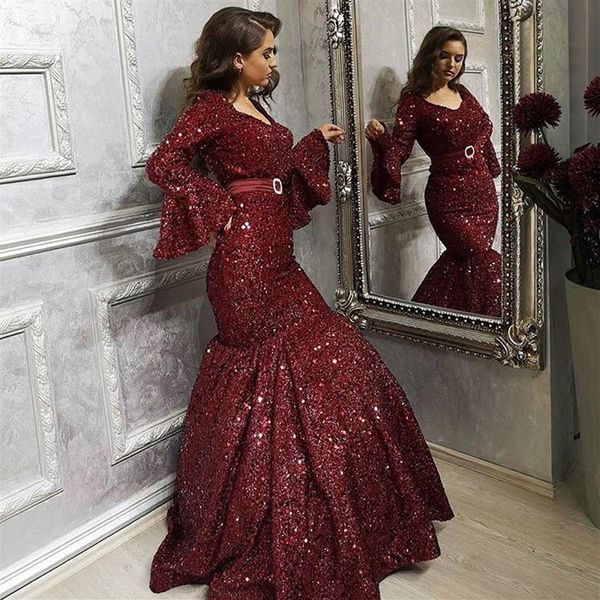 Glitter paillettes bordeaux manica lunga sirena vestito da promenade plus size abiti da sera convenzionali donne bling vestidos abiti da festa238z