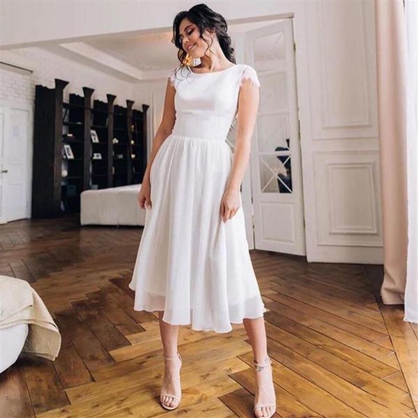 Abito da sposa vintage anni '50 lunghezza tè senza schienale gioiello collo pizzo chiffon una linea abiti da sposa corti vestido de noiva taglia personalizzata2968