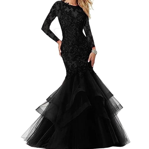 Vestidos de noite formais elegantes de renda preta sereia manga longa até o chão vestidos de festa formais para mulheres frisados apliques jantar pr2879