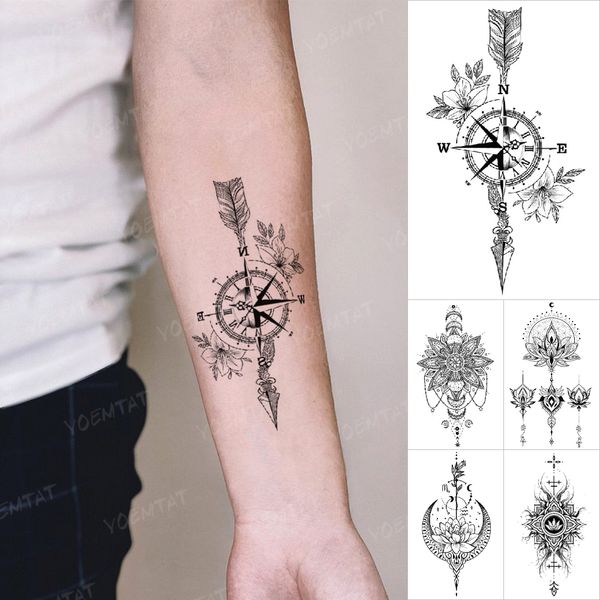 Kleine wasserdichte temporäre Tattoo-Aufkleber Indien Henna Kompass Blume handbemalt Arm Flash Tatoo Frauen Männer gefälschte Tattoos