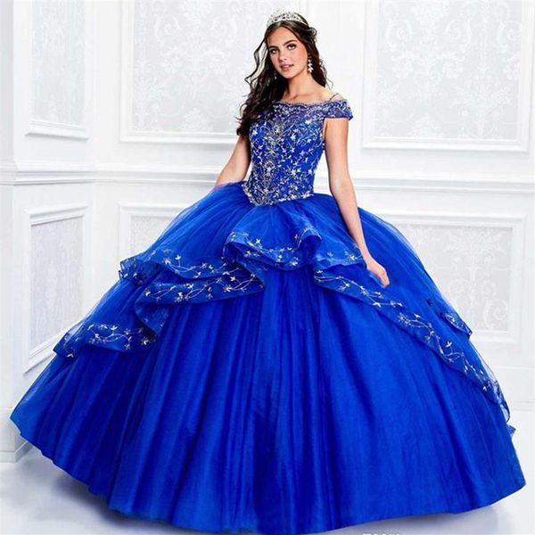 Vintage Royal Blue Quinceanera Abiti con spalle scoperte Appliqued pizzo Prom Party Gown Tier Formal Sweet 16 Dress Custom239n