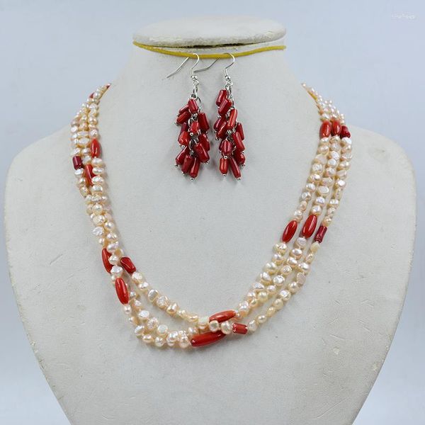 Girocollo 4 mm set di orecchini per collana di perle barocche naturali coltivate/corallo