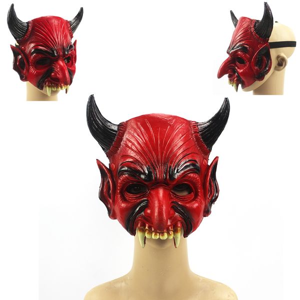 Cosplay gruseliger schrecklicher Teufel roter Dämon böse Hornzähne gruselige Halloween-Maske Vollgesichtskostüm Requisite für Karneval-Themenparty