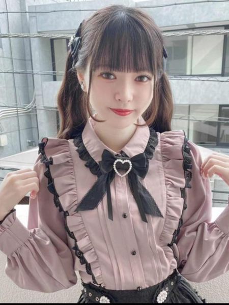 Blusas Femininas Kawaii Lolita Camisas Femininas Estilo Doce Renda Babados Laço Camisa com Botão Top Macio Menina Princesa Undershirt Estética