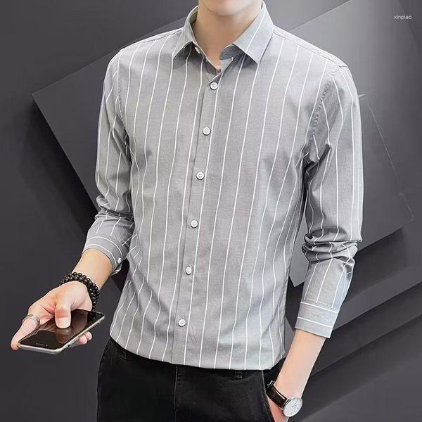 Erkek Elbise Gömlek Gömlek ve Bluz Çizgili Giysiler Uzun Kollu İpek Erkek Marka İnce Fit Hipster Kore Stil Estetik Asya