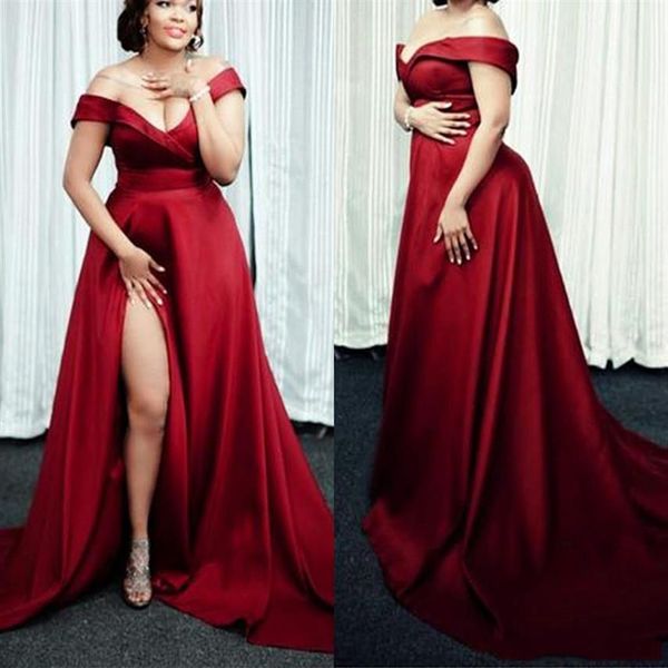 Crimson Sexy Scoop Neck Abito Lungo 2022 Off Spalla Raso Spacco Laterale Semplice Personalizzabile Plus Size Prom Abito Da Sera225v