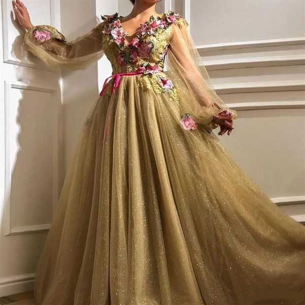 Gold Tule A-Linie Langarm Elie Saab Abendkleider Lange Muslimische Kleider 2019 Neue Arabische Sexy Ballkleider Für Geburtstag E020251O