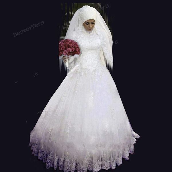 Vestidos de noiva linha A com hijab Cristais frisados Gola alta Manga comprida Vestido apliques de renda com lantejoulas Até o chão Noiva muçulmana g201H