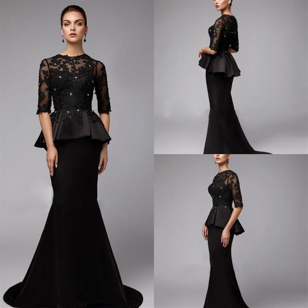 Schößchen Schwarze Meerjungfrau Kleider für die Brautmutter Günstige Langarm Spitze Hochzeitsgastkleid Plus Size Halbarm Perlenmütter Gro262p