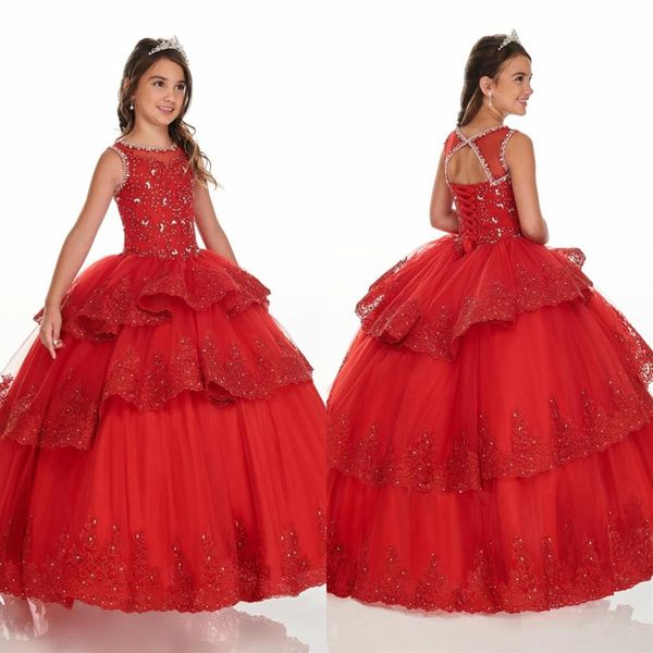 Rosso Tre Strati Ball Gown Ruffle Mini Abiti Quinceanera Pageant Ragazze Pizzo Perline Lace-up Gioiello Flower Girl Dress Party Graduati2511