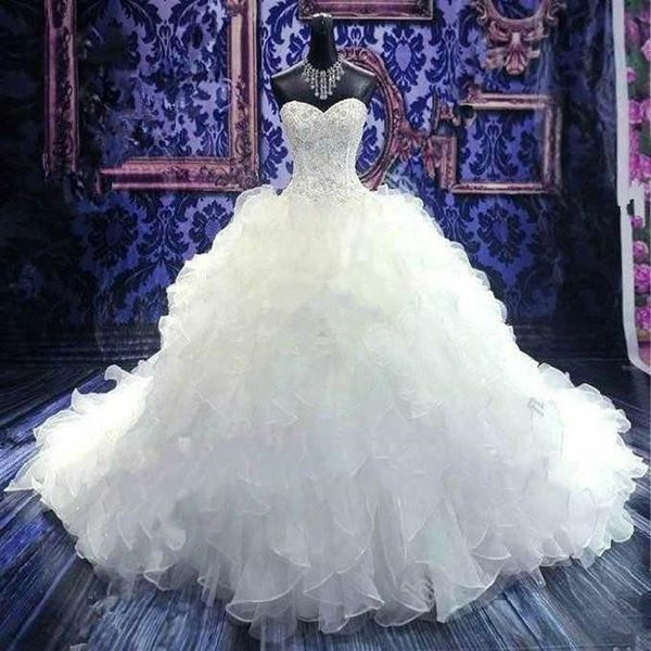 Luxus abgestufte Röcke Kleid Brautkleider Prinzessin Korsett Schatz kaskadierende Rüschen Garten Brautkleid Plus Größe nach Maß V243k