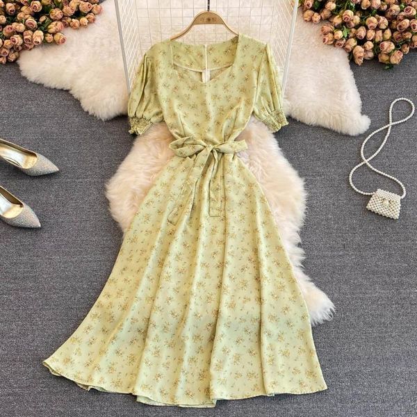 Vestidos casuais verão doce evasê midi vestido para mulheres decote em v manga alta cintura elástica floral estampado renda 114255